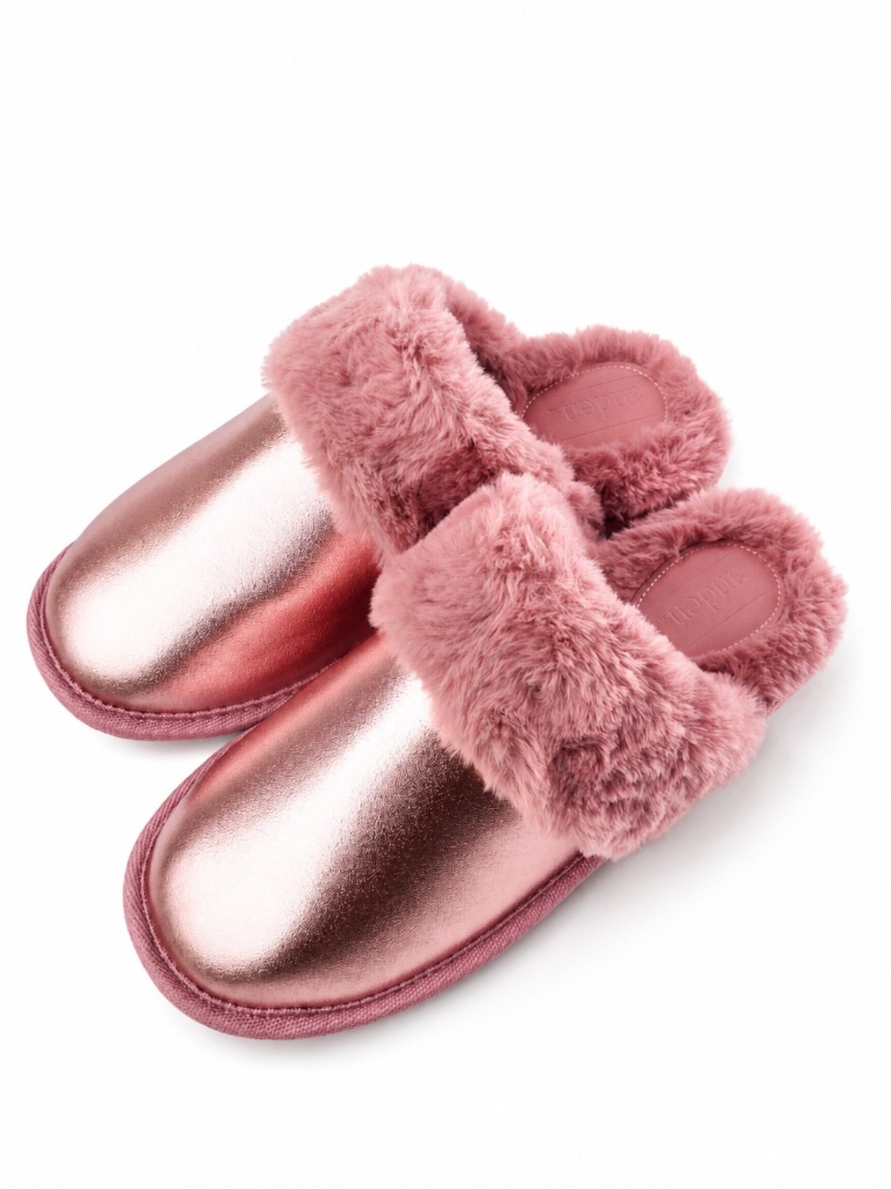 Auden Metallic Pink Faux Fur Scuff Slippers Fuzzy Faux Fur Trim Size 9/10 NEW